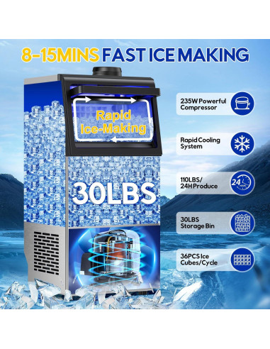 Máquina de Hielo Comercial Hothope 50Kg/24H Acero Inoxidable