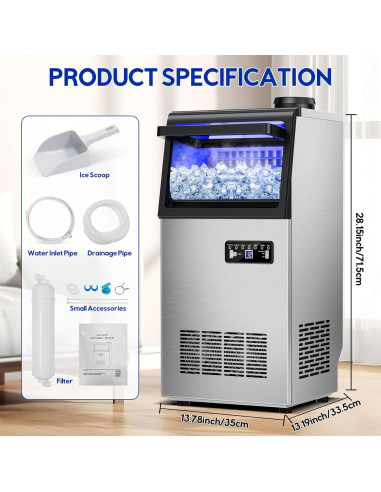 Máquina de Hielo Comercial Hothope 50Kg/24H Acero Inoxidable