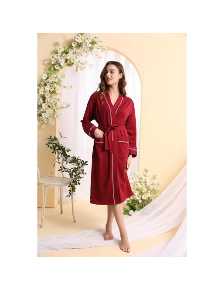 Bata de Kimono para Mujeres YSH2402 Suave Burdeos con Bolsillos