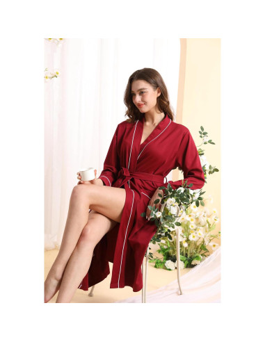 Bata de Kimono para Mujeres YSH2402 Suave Burdeos con Bolsillos