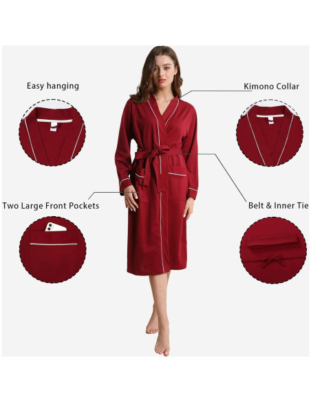 Bata de Kimono para Mujeres YSH2402 Suave Burdeos con Bolsillos