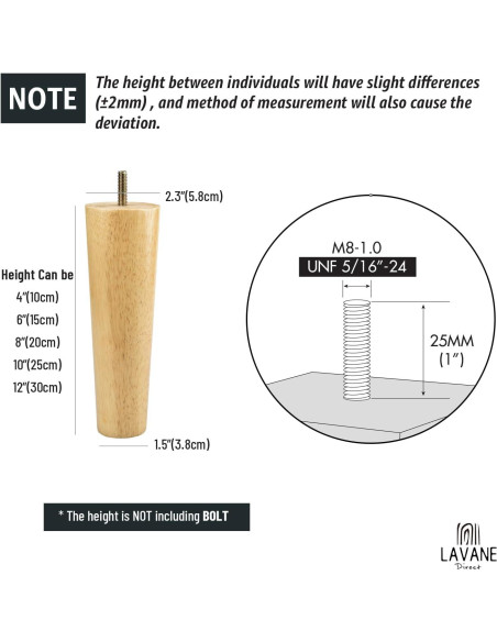 Patas de Madera Sólida La Vane 30cm Cónicas Juego de 4