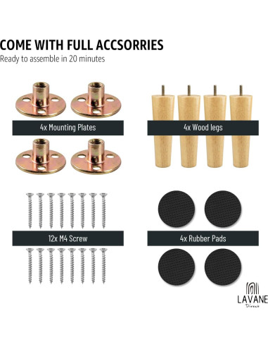 Patas de Madera Sólida La Vane 30cm Cónicas Juego de 4