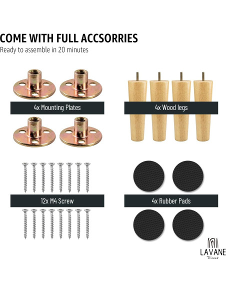 Patas de Madera Sólida La Vane 30cm Cónicas Juego de 4