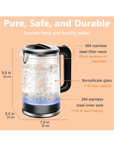 Hervidor eléctrico de vidrio QSLKING 1.8L 1500W con apagado automático