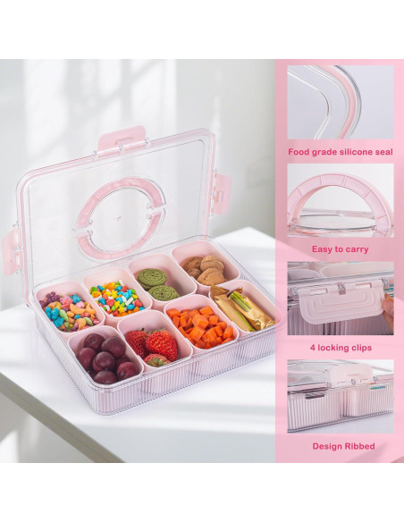 Contenedor Snackle Rosa FEIOOD - 8 Compartimentos Portátil