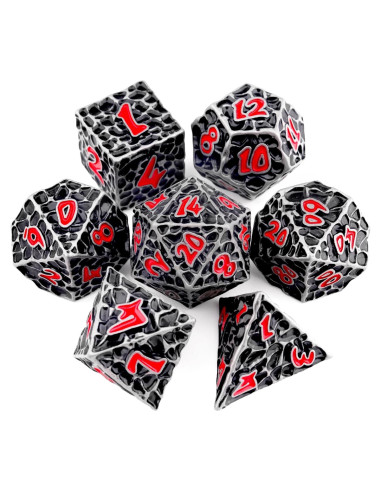 Juego de Dados D&D Haxtec de Metal 7 Piezas Hierro Antiguo Rojo