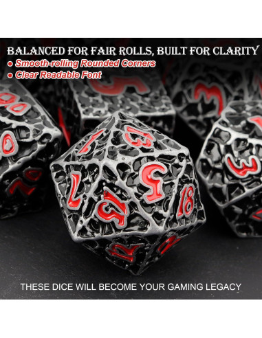 Juego de Dados D&D Haxtec de Metal 7 Piezas Hierro Antiguo Rojo