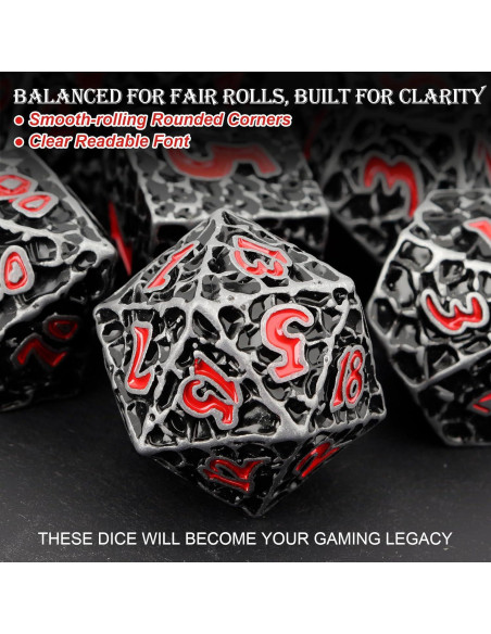 Juego de Dados D&D Haxtec de Metal 7 Piezas Hierro Antiguo Rojo