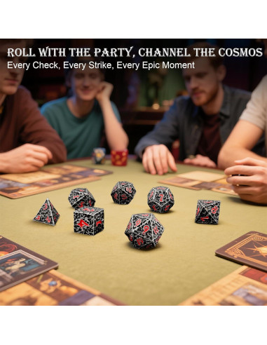 Juego de Dados D&D Haxtec de Metal 7 Piezas Hierro Antiguo Rojo