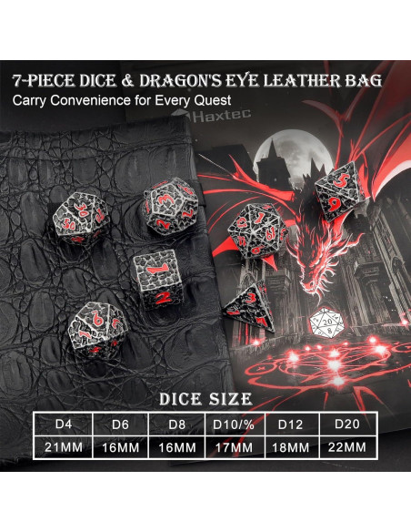Juego de Dados D&D Haxtec de Metal 7 Piezas Hierro Antiguo Rojo