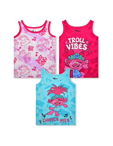 Pack 3 Camisetas Sin Mangas Niñas Trolls Poppy Rosa/Azul 3T