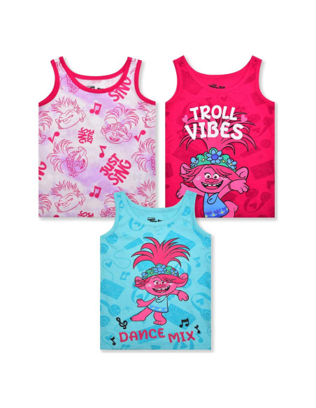 Pack 3 Camisetas Sin Mangas Niñas Trolls Poppy Rosa/Azul 3T