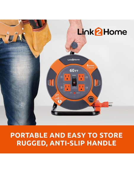 Carrete de Cable de Extensión Link2Home 18.3 m 4 Salidas 120V