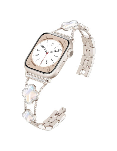 Banda Clover para Apple Watch 46mm 45mm 44mm 42mm 49mm - Pulsera de Metal con Diamantes para Mujeres