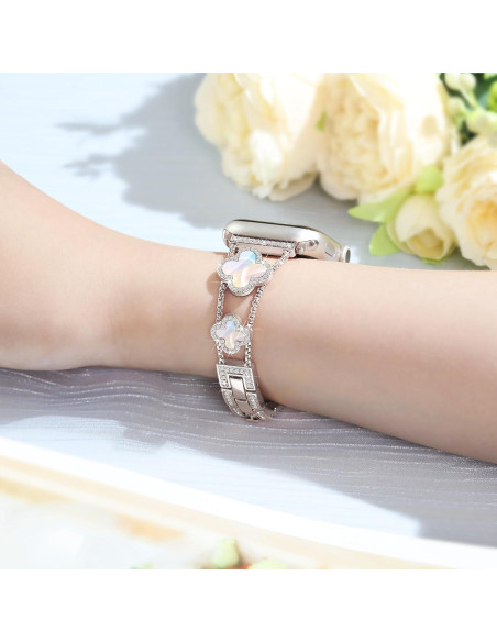 Banda Clover para Apple Watch 46mm 45mm 44mm 42mm 49mm - Pulsera de Metal con Diamantes para Mujeres