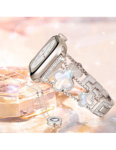 Banda Clover para Apple Watch 46mm 45mm 44mm 42mm 49mm - Pulsera de Metal con Diamantes para Mujeres