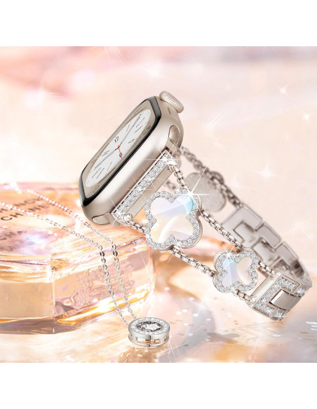 Banda Clover para Apple Watch 46mm 45mm 44mm 42mm 49mm - Pulsera de Metal con Diamantes para Mujeres