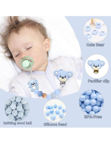 Clip de Chupete de Silicona Azul Oso Hecho a Mano