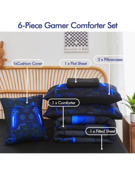Conjunto de Ropa de Cama Twin PERFEMET Gamer 6 Piezas Azul