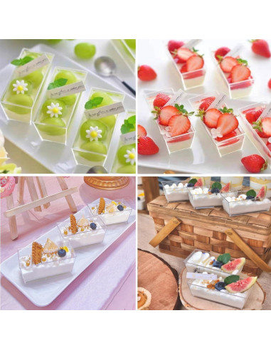 Vasos de Postre Rectangulares Wnqou 140ml 50 Pcs con Tapas y Cucharas