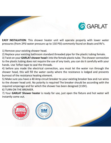 Ducha Eléctrica GARLAT LT20 110V con Ducha de Mano Mini