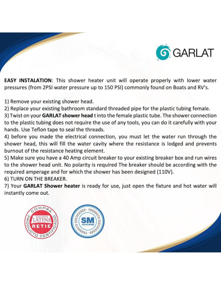 Ducha Eléctrica GARLAT LT20 110V con Ducha de Mano Mini