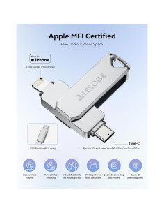 Unidad Flash 512GB LESOGE MFi USB 3 en 1 para iPhone/Android 2
