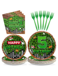 Kit de Cumpleaños Tortuga Verde Grencian 96 Piezas 5to Cumpleaños