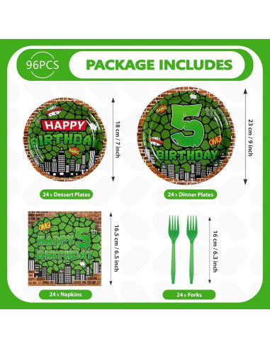Kit de Cumpleaños Tortuga Verde Grencian 96 Piezas 5to Cumpleaños