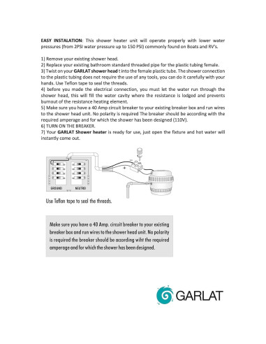 Calentador de Agua Eléctrico Garlat LT13 120V Ducha Manual