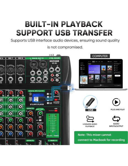 Mezclador de Audio 8 Canales AX-80 con Bluetooth y USB