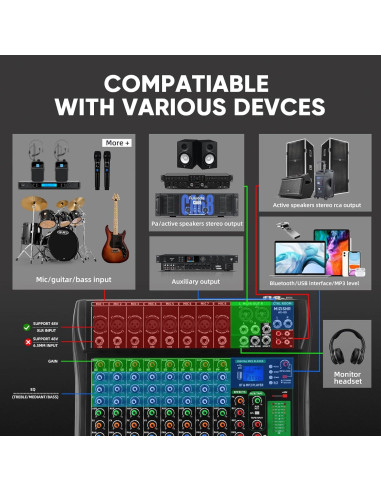 Mezclador de Audio 8 Canales AX-80 con Bluetooth y USB