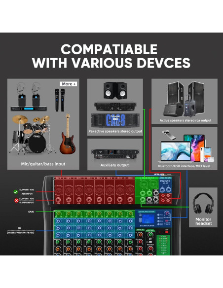 Mezclador de Audio 8 Canales AX-80 con Bluetooth y USB