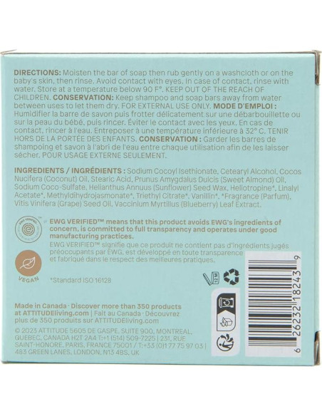 Jabón Sólido para Bebés ATTITUDE Buenas Noches 85g Vegano