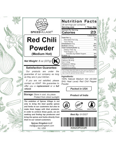 Polvo de Chile Rojo Spices Village 227 g - Picante Medio Kosher