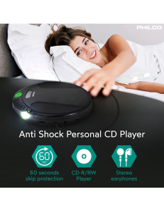 Reproductor de CD Portátil PHILCO con Anti-Shock 60s y Auriculares 2