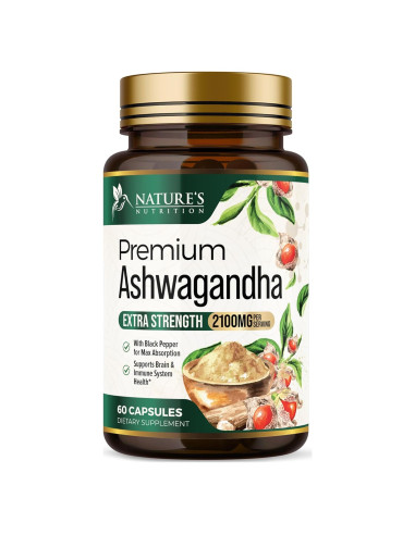 Suplemento de Ashwagandha Nature's Nutrition 2100mg - 60 Cápsulas Veganas