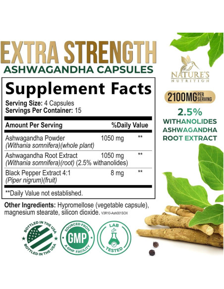 Suplemento de Ashwagandha Nature's Nutrition 2100mg - 60 Cápsulas Veganas