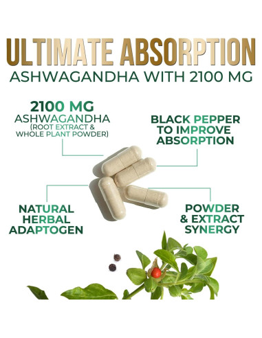 Suplemento de Ashwagandha Nature's Nutrition 2100mg - 60 Cápsulas Veganas