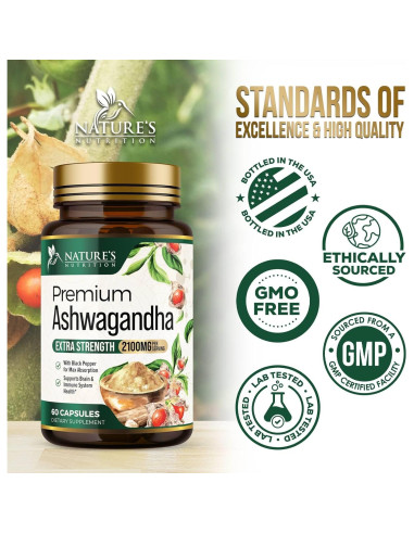 Suplemento de Ashwagandha Nature's Nutrition 2100mg - 60 Cápsulas Veganas