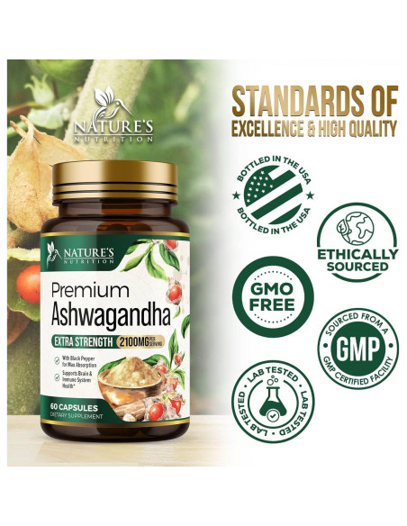 Suplemento de Ashwagandha Nature's Nutrition 2100mg - 60 Cápsulas Veganas