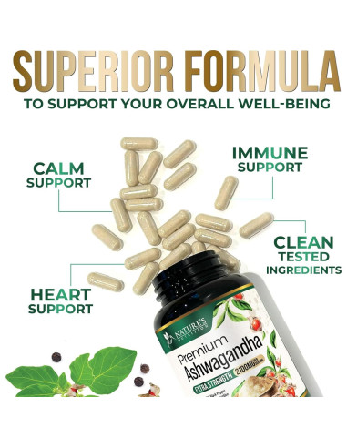 Suplemento de Ashwagandha Nature's Nutrition 2100mg - 60 Cápsulas Veganas