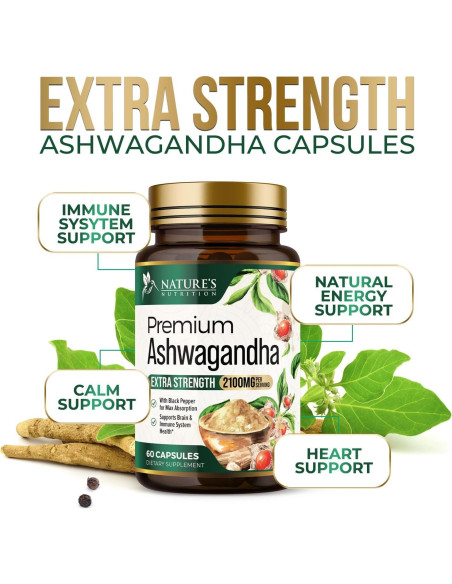 Suplemento de Ashwagandha Nature's Nutrition 2100mg - 60 Cápsulas Veganas