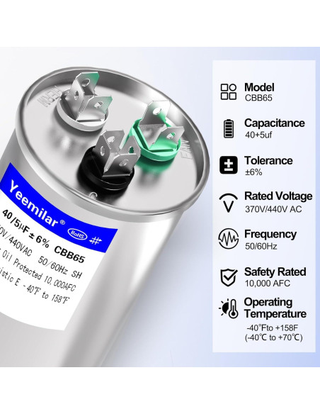 Capacitor CBB65 40+5uF 370V/440V Doble Función HVAC