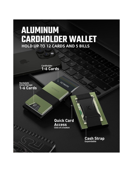 Billetera Minimalista de Metal Keymarx Verde Militar con Bloqueo RFID