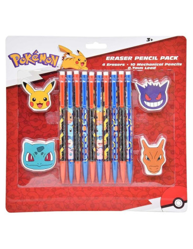 Set de Lápices y Borradores Pokémon - 10 Lápices 0.7mm + 4 Borradores