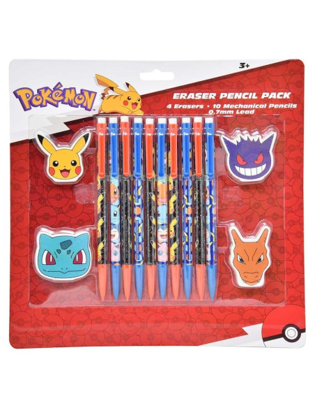 Set de Lápices y Borradores Pokémon - 10 Lápices 0.7mm + 4 Borradores
