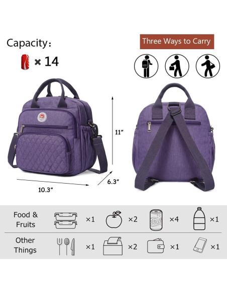 Bolsa de Almuerzo Aislada EKERHO 12L Púrpura 3 Formas de Llevar