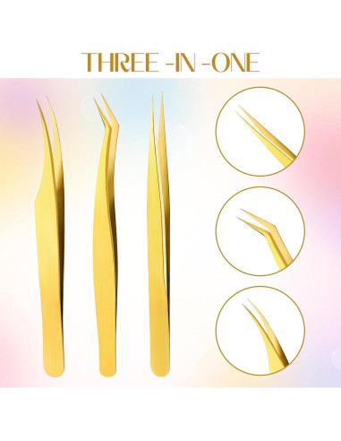 Juego de 3 Pinzas Doradas Sliverdew para Extensiones de Pestañas